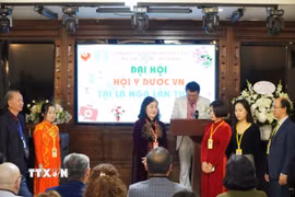 Chủ tịch Hội Y Dược, bác sỹ Hoàng Xuân Mai thay mặt Ban chấp hành khóa mới đọc lời cam kết. (Ảnh: Tâm Hằng/TTXVN)