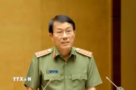 Đồng chí Lương Tam Quang, Ủy viên Bộ Chính trị, Bộ trưởng Bộ Công an giới thiệu hai Chuyên đề: “Nghị quyết về xây dựng xã hội kỷ cương, an toàn, văn minh, hài hòa, phát triển” và “Nghị quyết về Chiến lược An ninh quốc gia.” (Ảnh: Phương Hoa/TTXVN)