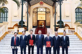 Tổng Bí thư, Chủ tịch nước Tô Lâm và đại biểu cùng 2 Đại sứ mới được bổ nhiệm. (Ảnh: Thống Nhất/TTXVN)