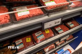 Thịt bò được bày bán tại cửa hàng ở New York, Mỹ. (Ảnh: THX/TTXVN)