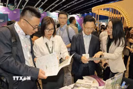 Khách hàng quốc tế tìm hiểu về khả năng hợp tác với một doanh nghiệp Việt Nam cùng tham gia trưng bày tại sự kiện. (Ảnh: Xuân Vịnh/TTXVN