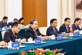Chủ tịch Quốc hội Trần Thanh Mẫn và thành viên đoàn cấp cao Việt Nam tại cuộc hội kiến Chủ tịch Chính hiệp toàn quốc Trung Quốc Vương Hộ Ninh. (Ảnh: Doãn Tấn/TTXVN)