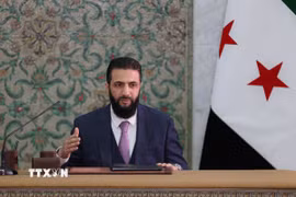Tổng thống Syria Ahmad al-Sharaa phát biểu tại Damascus. (Ảnh: AA/TTXVN phát)