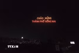 Dòng chữ "Chào mừng thành phố Đồng Nai" - một dấu mốc mới được xác lập. (Ảnh: Đậu Tất Thành/TTXVN)