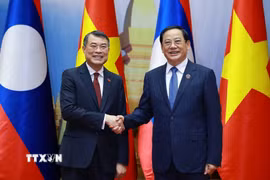 Thủ tướng Lê Minh Hưng hội kiến Chủ tịch Quốc hội Lào Sonexay Siphandone. (Ảnh: Dương Giang/TTXVN)