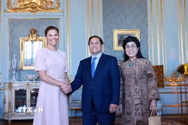 Thủ tướng Phạm Minh Chính và Phu nhân Lê Thị Bích Trân chào xã giao Công chúa Kế vị Victoria Ingrid Alice Désirée. (Ảnh: Dương Giang/TTXVN)