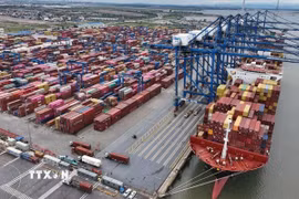 Bốc xếp hàng hóa xuất khẩu ở cảng Container Quốc tế Hải Phòng. (Ảnh: Vũ Sinh/TTXVN)