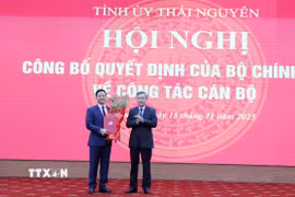 Ông Nguyễn Quang Dương, Phó trưởng Ban Tổ chức Trung ương trao quyết định cho ông Vương Quốc Tuấn. (Ảnh: Hoàng Nguyên/TTXVN)