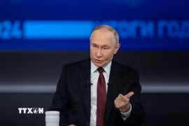 Tổng thống Nga Vladimir Putin phát biểu trong cuộc họp báo thường niên tại Moskva. (Ảnh minh họa: THX/TTXVN)