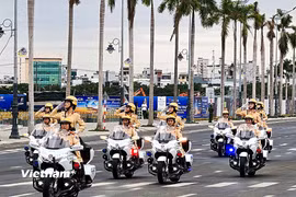 Hợp luyện chuẩn bị cho Lễ khai mạc Vòng chung kết hội thao Công an nhân dân năm 2026 tại thành phố Đà Nẵng. (Ảnh: PV/Vietnam+)