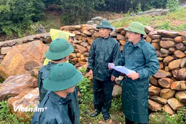 Đại tá Phan Đại Nghĩa - Phó Tư lệnh, Tham mưu Trưởng Quân khu 5 và Đại tá Trần Quang Chánh - Phó Chỉ huy Trưởng, Tham mưu Trưởng BCH Quân sự Đà Nẵng (2 người bên phải) thăm hỏi người dân có mộ bị thiệt hại do sạt lở nghĩa trang Hòa Sơn. (Ảnh: Thanh Phong/Vietnam+) 
