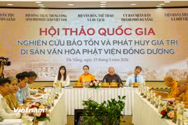 Quang cảnh hội thảo nghiên cứu bảo tồn và phát huy giá trị di sản văn hoá Phật viện Đồng dương. (Ảnh: Thanh Phong/Vietnam+)