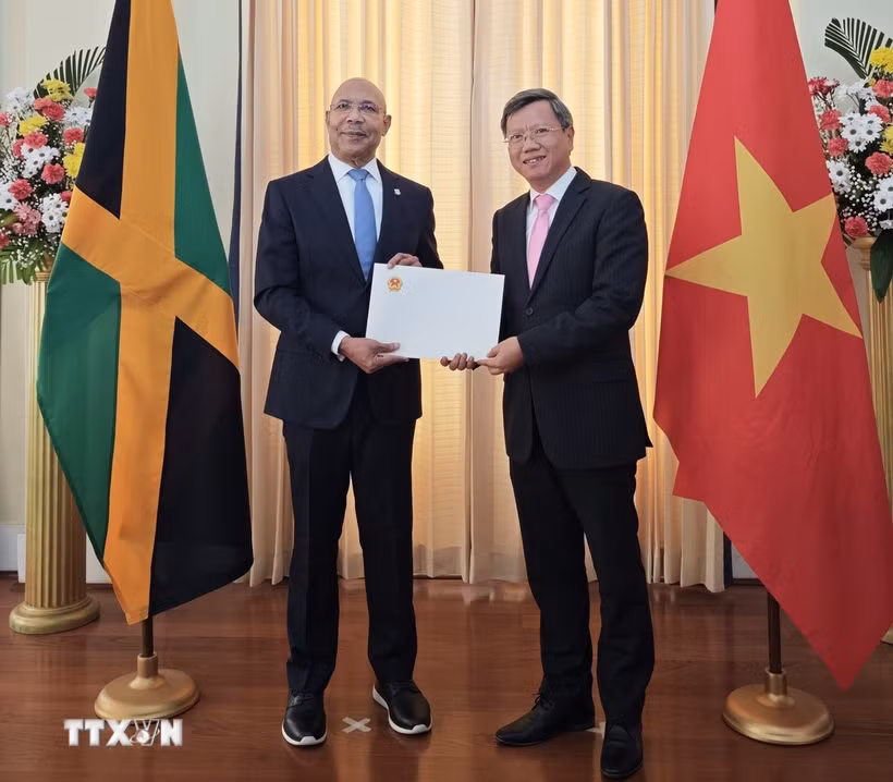 Đại sứ Việt Nam Lê Quang Long trình Quốc thư lên Toàn quyền Jamaica Patrick Allen. (Ảnh: TTXVN phát)