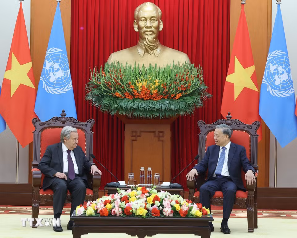 Tổng Bí thư Tô Lâm tiếp Tổng Thư ký Liên hợp quốc António Guterres. (Ảnh: Thống Nhất/TTXVN)