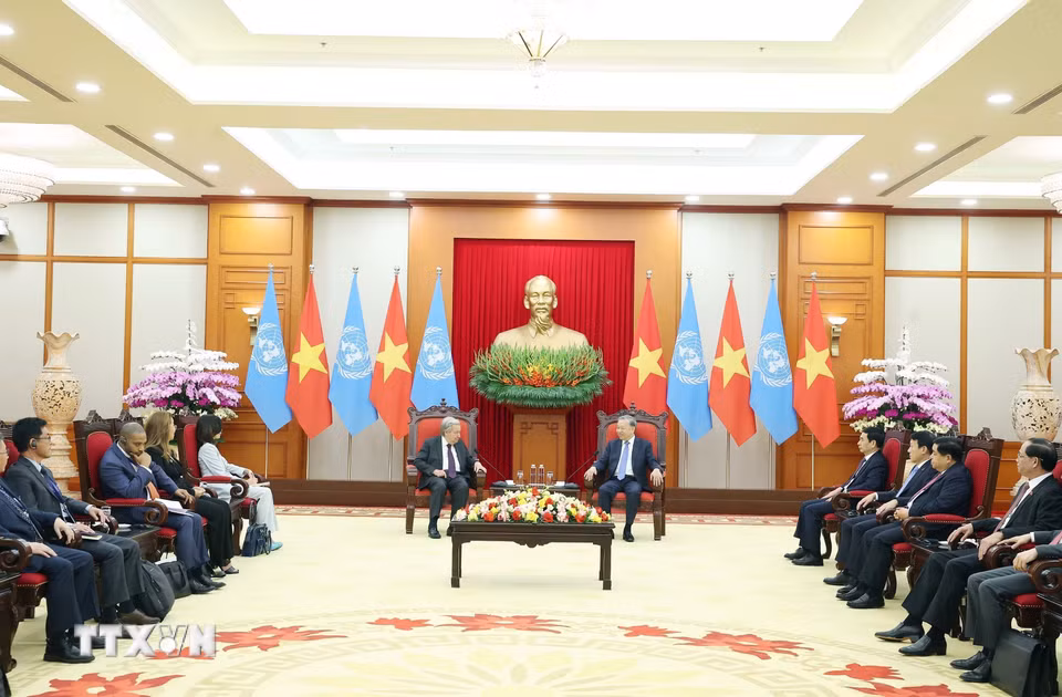 Tổng Bí thư Tô Lâm tiếp Tổng Thư ký Liên hợp quốc António Guterres. (Ảnh: Thống Nhất/TTXVN)