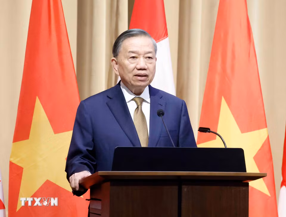 Tổng Bí thư, Chủ tịch nước Tô Lâm phát biểu chính sách "Quan hệ đối tác chiến lược Việt Nam – Canada trong bối cảnh thế giới đầy biến động.” (Ảnh: Thống Nhất/TTXVN)