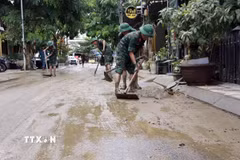 Bộ đội giúp nhân dân làm sạch, thu gom rác thải, tẩy rửa môi trường. (Ảnh: Trần Tĩnh/TTXVN)