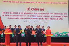 Bí thư Tỉnh ủy Nghệ An Nguyễn Đức Trung trao Quyết định thành lập Đảng bộ cấp xã. (Ảnh: Trịnh Duy Hưng/TTXVN)