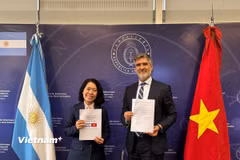 Thứ trưởng Bộ Ngoại giao, Thương mại quốc tế và Tôn giáo Argentina Fernando Brun và Đại sứ Việt Nam tại Argentina Ngô Minh Nguyệt tham dự Kỳ họp lần thứ VIII Ủy ban liên Chính phủ về hợp tác kinh tế, thương mại và khoa học công nghệ giữa Việt Nam và Argentina tại điểm cầu Buenos Aires. (Ảnh: Diệu Hương/Vietnam+)