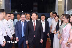 Chủ tịch nước Lương Cường đến dự Lễ tôn vinh, trao danh hiệu Nông dân Việt Nam xuất sắc và Nhà khoa học của nhà nông năm 2025. (Ảnh: Lâm Khánh/TTXVN)