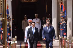 Tổng thống Ai Cập Abdel Fattah El-Sisi đón Chủ tịch nước Lương Cường. (Ảnh: Lâm Khánh/TTXVN)