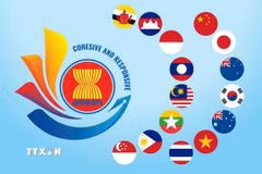 Logo biểu tượng của các nước thành viên tham gia Hiệp định Đối tác Kinh tế Toàn diện Khu vực (RCEP). (Ảnh: CGTN/TTXVN)