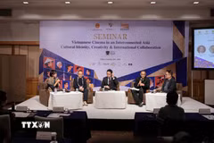 Các đạo diễn, nhà sản xuất Nhật Bản và Việt Nam chia sẻ ý kiến, trao đổi kinh nghiệm trong phiên thảo luận thứ nhất. (Ảnh: Xuân Giao/TTXVN)