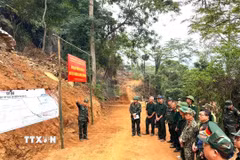Các đại biểu, cựu chiến binh và nhân chứng lịch sử nghe giới thiệu sơ đồ khu vực tìm kiếm, quy tập hài cốt liệt sỹ tại Bình độ 300, thôn Giang Nam, xã Thanh Thủy, tỉnh Tuyên Quang. (Ảnh: TTXVN phát)