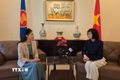 Đại sứ Tôn Thị Ngọc Hương (phải), Trưởng Phái đoàn đại diện thường trực Việt Nam tại ASEAN, trả lời phỏng vấn của TTXVN. (Ảnh: Minh Thái/TTXVN)