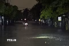 Đường Trần Phú (phường Tuy Hòa) bị ngập trong đêm 19/11. (Ảnh: Tường Quân/TTXVN)