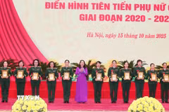 Phó Chủ tịch nước Võ Thị Ánh Xuân, Phó Chủ tịch thứ nhất Hội đồng Thi đua-Khen thưởng Trung ương tặng quà cho các cá nhân điển hình tiên tiến. (Ảnh: Trọng Đức/TTXVN)