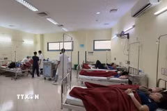 Các trường hợp nghi ngộ độc thực phẩm được theo dõi, điều trị tại Bệnh viện Trung ương Huế cơ sở 2. (Ảnh: TTXVN phát)