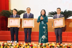 Phó Chủ tịch nước Võ Thị Ánh Xuân trao Huân chương Lao động hạng Ba cho các tập thể. (Ảnh: Văn Đức/TTXVN)