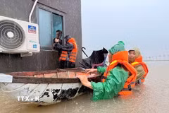 Bộ đội Biên phòng Gia Lai đến từng nhà dân ở phường Hoài Nhơn Đông di chuyển tài sản tránh lũ. (Ảnh: TTXVN phát)