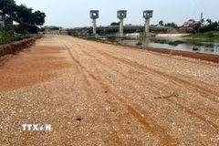 Đoạn tiếp nối với dự án Nâng cấp hệ thống thủy lợi sông Lèn và sông Hoàng Mai (KEXIM1) đã xảy ra sự cố sạt lở khoảng 100m đê tả sông Càn. (Ảnh: Khiếu Tư/TTXVN)
