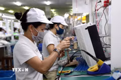 Dây chuyền sản xuất; lắp ráp linh kiện cho bếp gas của Công ty TNHH Paloma Việt Nam tại Khu công nghiệp, đô thị VSIP Hải Phòng. (Ảnh: Danh Lam/TTXVN)