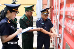 Lực lượng hải quan và bộ đội biên phòng phối hợp giám sát kho bãi container hàng hóa xuất nhập khẩu tại cảng Quy Nhơn, tỉnh Gia Lai. (Ảnh: Vũ Sinh/TTXVN)