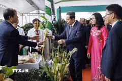 Chủ tịch Quốc hội Trần Thanh Mẫn và đại biểu tham quan trưng bày sản phẩm của Học viện Nông nghiệp Việt Nam. (Ảnh: Doãn Tấn/TTXVN)