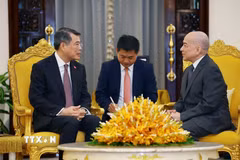 Thủ tướng Lê Minh Hưng chào Quốc vương Campuchia Norodom Sihamoni. (Ảnh: Dương Giang/TTXVN)