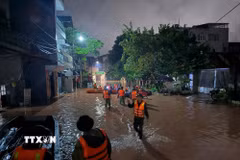Lực lượng chức năng dùng thuyền đưa các hộ dân ra khỏi khu vực bị ngập tại phường Lương Văn Tri. (Ảnh: Tiến Vĩnh/TTXVN)