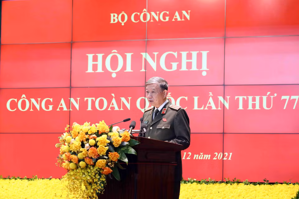 Đại tướng Tô Lâm, Ủy viên Bộ Chính trị, Bộ trưởng Bộ Công an phát biểu khai mạc. (Ảnh: Phạm Kiên/TTXVN)