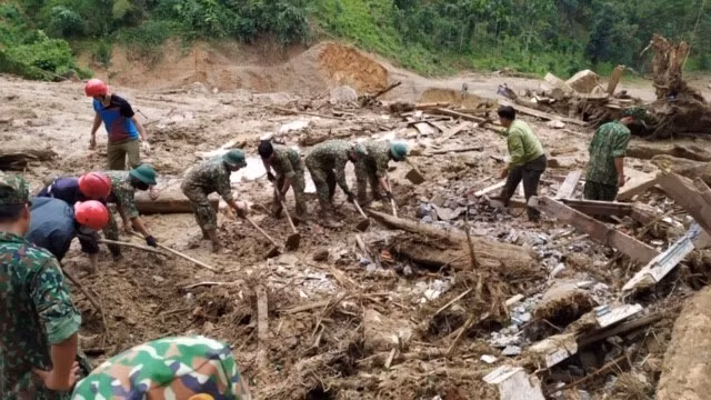 Lực lượng chức năng nỗ lực tìm kiếm những nạn nhân trong vụ sạt lở tại Trà Leng. (Ảnh: Trần Lê Lâm/TTXVN)