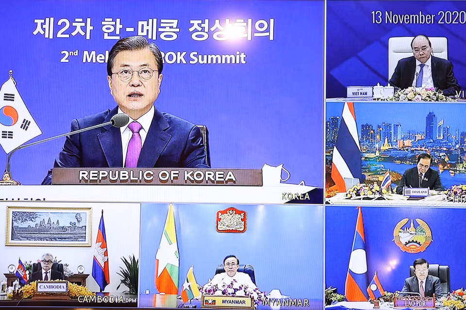 Tổng thống Hàn Quốc Moon Jae-in phát biểu trực tuyến. (Ảnh: Thống Nhất/TTXVN)