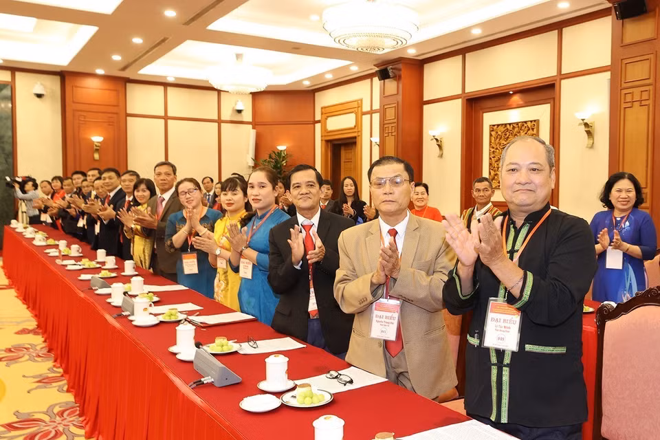Các đại biểu tham dự buổi gặp mặt Tổng Bí thư Nguyễn Phú Trọng. (Ảnh: Trí Dũng/TTXVN)