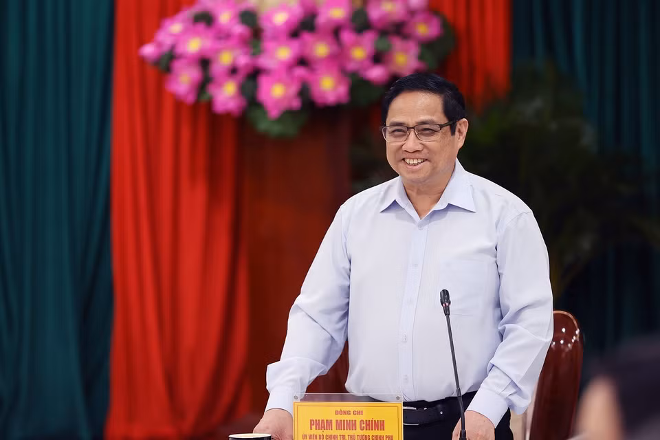 Thủ tướng Phạm Minh Chính phát biểu tại buổi làm việc với lãnh đạo chủ chốt tỉnh Bình Phước. (Ảnh: Dương Giang/TTXVN)