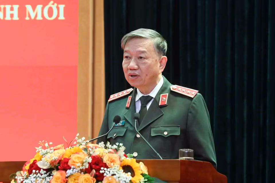 Đại tướng Tô Lâm, Ủy viên Bộ Chính trị, Bí thư Đảng ủy Công an Trung ương, Bộ trưởng Bộ Công an phát biểu. (Ảnh: Phạm Kiên/TTXVN)