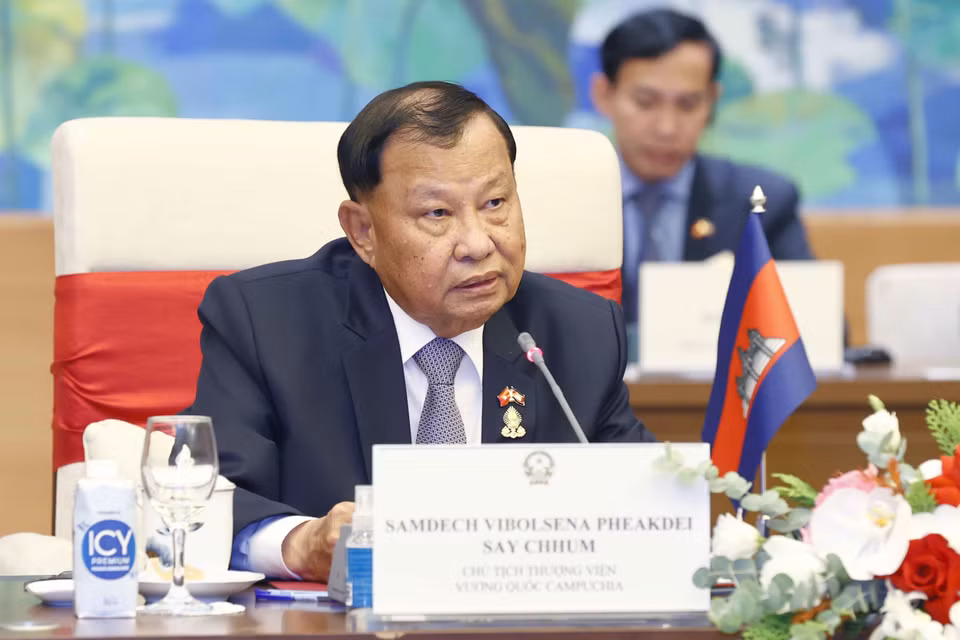 Chủ tịch Thượng viện Vương quốc Campuchia Samdech Say Chhum phát biểu. (Ảnh: Doãn Tấn/TTXVN)