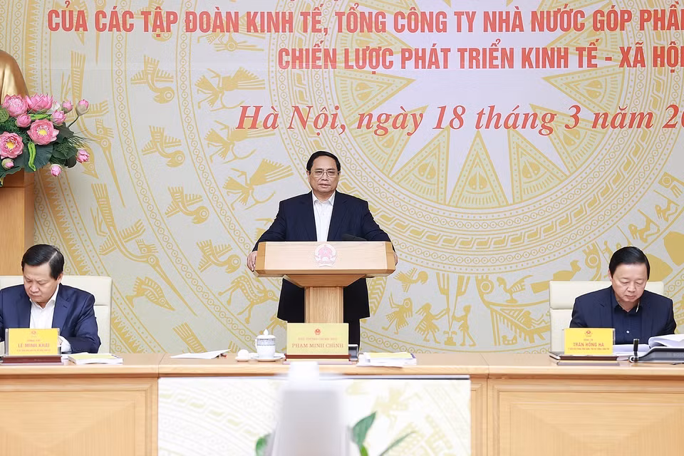 Sáng 18/3, tại Hà Nội, Thủ tướng Phạm Minh Chính chủ trì làm việc với Ủy ban Quản lý vốn Nhà nước tại doanh nghiệp và các tập đoàn kinh tế, công ty nhà nước về giải pháp đổi mới hoạt động của Ủy ban. (Ảnh: Dương Giang/TTXVN)