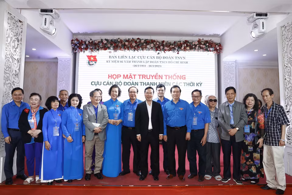Sáng 25/3, tại Hà Nội, Chủ tịch nước Võ Văn Thưởng dự họp mặt truyền thống cựu cán bộ Đoàn thanh niên các thời kỳ, nhân kỷ niệm 92 năm Ngày thành lập Đoàn Thanh niên Cộng sản Hồ Chí Minh (26/3/1931-26/3/2023). (Ảnh: Thống Nhất/TTXVN)