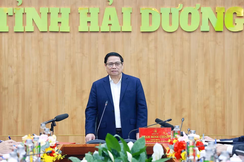 Thủ tướng Phạm Minh Chính phát biểu tại buổi làm việc với lãnh đạo chủ chốt tỉnh Hải Dương. (Ảnh: Dương Giang/TTXVN)
